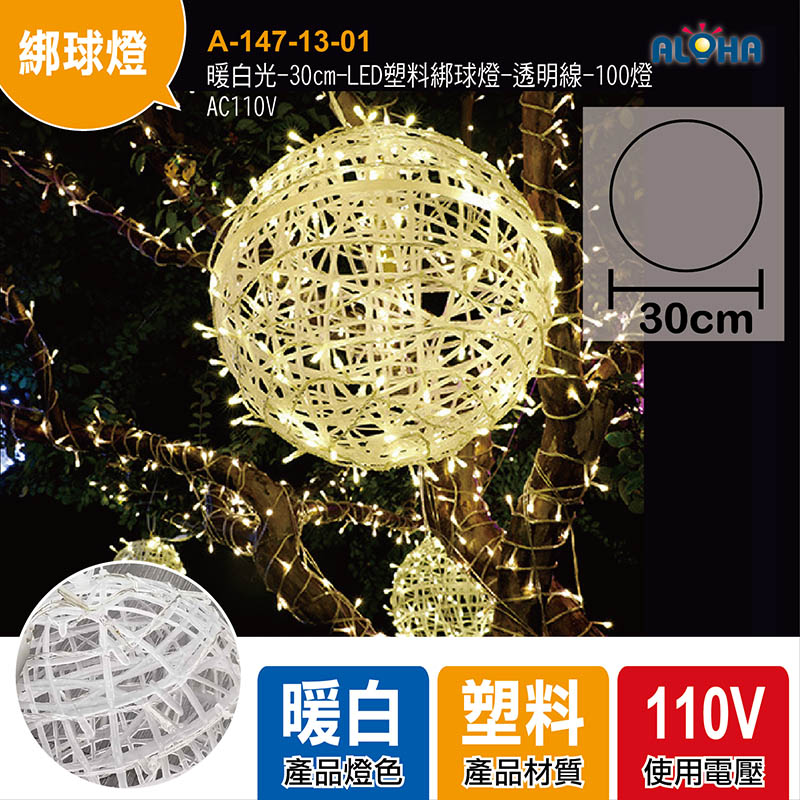 暖白光-30cm-LED塑料綁球燈-透明線-100燈-AC110V